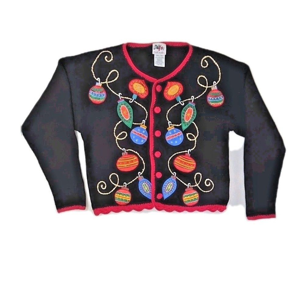 Vtg 90s Christmas Sweater Cardigan Ornaments Beaded Scalloped Nutcracker Brand S